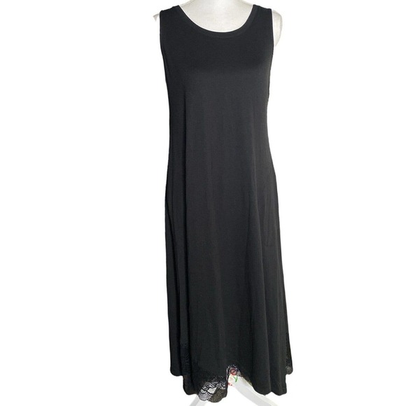 LOGO Lori Goldstein Women SZ S Black Knit MIDI Dress Lace Trim Pockets Cover Up - Picture 1 of 6